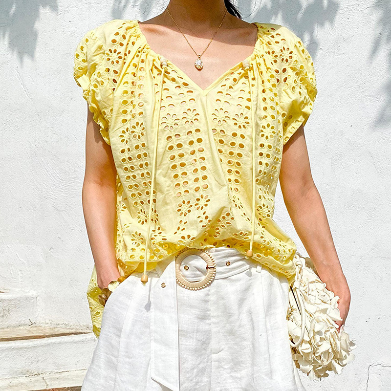Embroidery Yellow - French Style Elegant Chic Blouse Shirt
