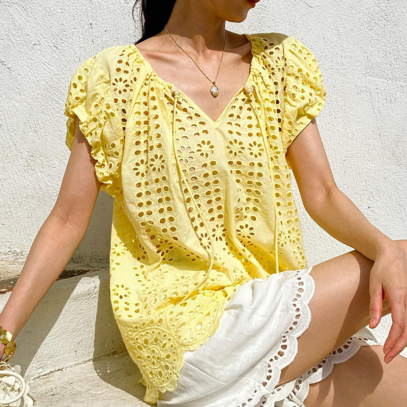 French Style Elegant Chic Blou - огляд і ціна Embroidery Yellow