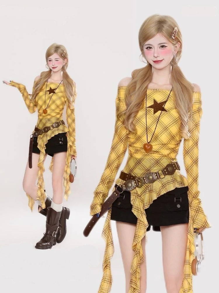 Y2K Plaid Slash Neck Vintage T - огляд і ціна Embroidery Origin