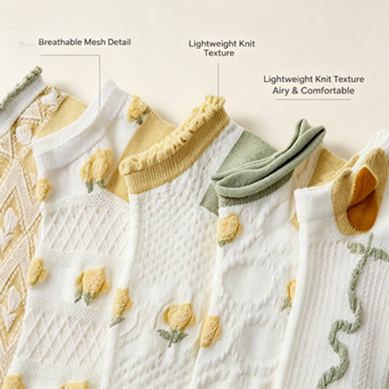 Women 5 Pairs Ruffle Cuff Ankl - огляд і ціна Embroidery Yellow